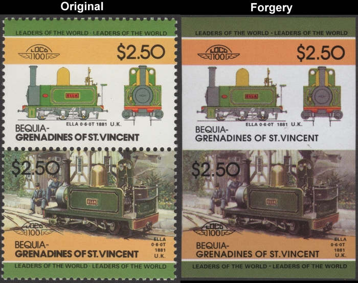 Saint Vincent Bequia 1985 Locomotives Ella Fake with Original $2.50 Stamp Comparison