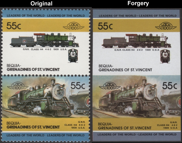 Saint Vincent Bequia 1985 Locomotives Class H4 Fake with Original 55c Stamp Comparison