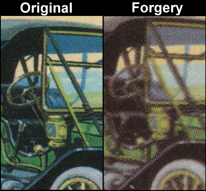 Bequia 1986 Automobiles 25c Fake with Original Screen and Color Comparison of the Stanley Model 60 Car Cab