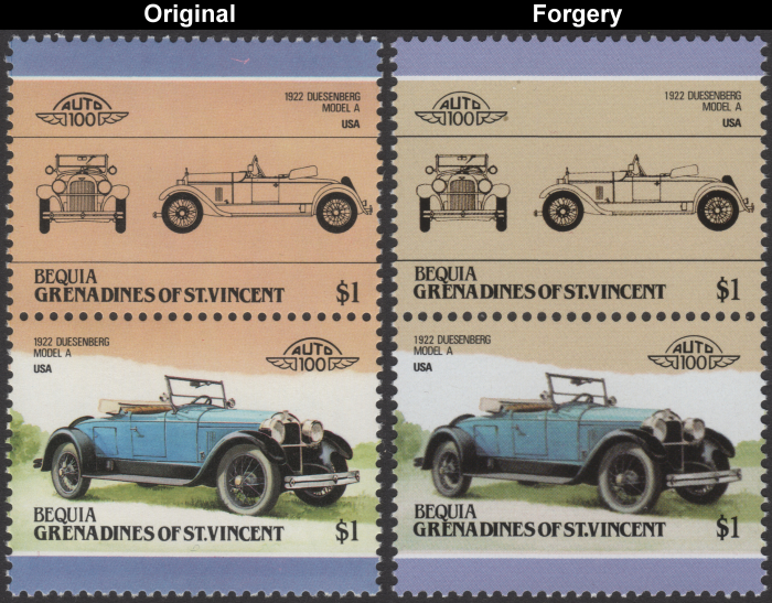 Bequia 1986 Automobiles 1922 Duesenberg Model A Fake with Original $1 Stamp Comparison