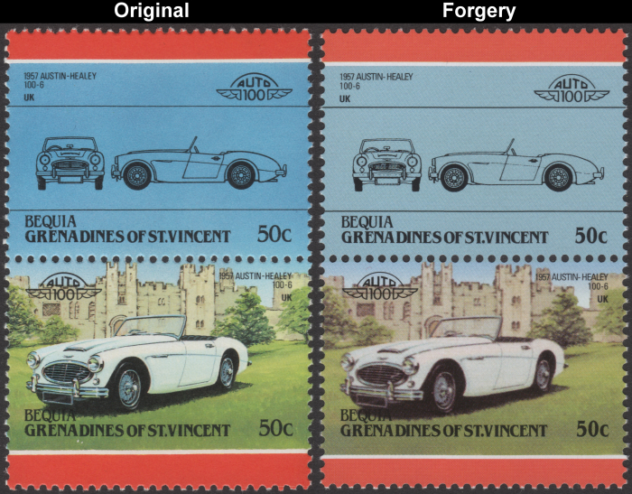 Bequia 1986 Automobiles 1957 Austin-Healey 100-6 Fake with Original 50c Stamp Comparison