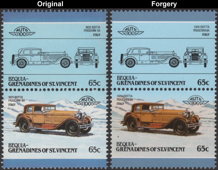 Bequia 1986 Automobiles 1929 Isotta Fraschini 8A Fake with Original 65c Stamp Comparison