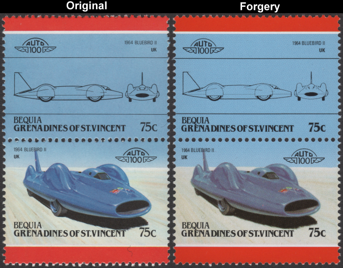 Bequia 1986 Automobiles 1964 Bluebird II Fake with Original 75c Stamp Comparison