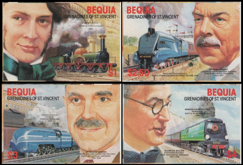 Forgeries of the Bequia 1986 Railroad Engineers and Locomotives Imperforate Stamps
