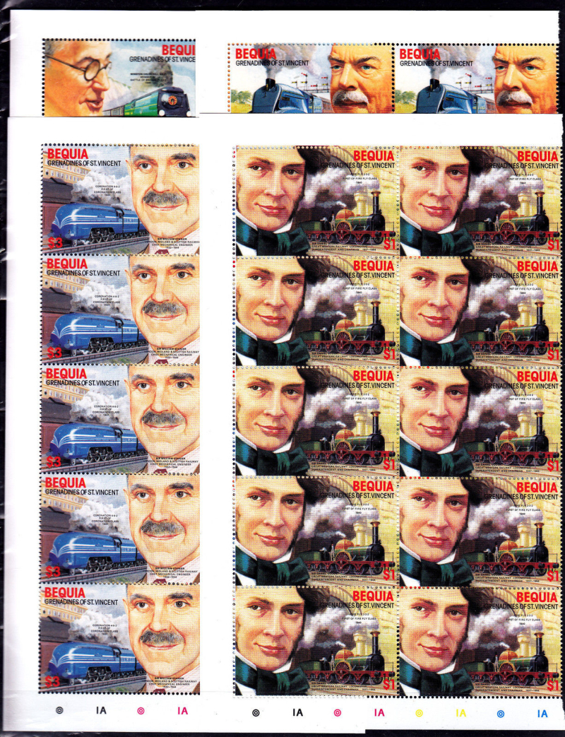 Bequia 1986 Railroad Engineers and Locomotives Fake Stamp Pane Set
