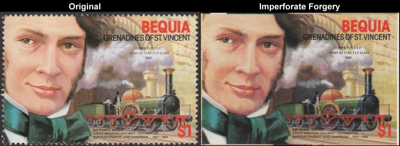 Bequia 1986 Railroad Engineers and Locomotives Fake $1 Stamp with Original $1 Stamp Comparison