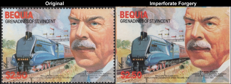 Bequia 1986 Railroad Engineers and Locomotives Fake $2.50 Stamp with Original $2.50 Stamp Comparison