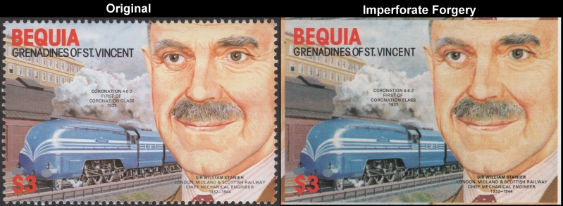 Bequia 1986 Railroad Engineers and Locomotives Fake $3 Stamp with Original $3 Stamp Comparison