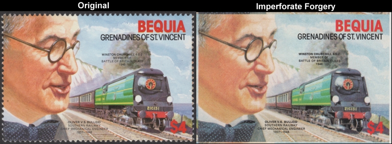 Bequia 1986 Railroad Engineers and Locomotives Fake $4 Stamp with Original $4 Stamp Comparison