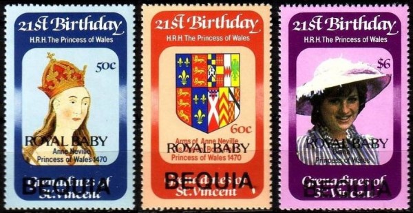 1982 21st Birthday of Princess Diana Overprinted ROYAL BABY BEQUIA Stamps