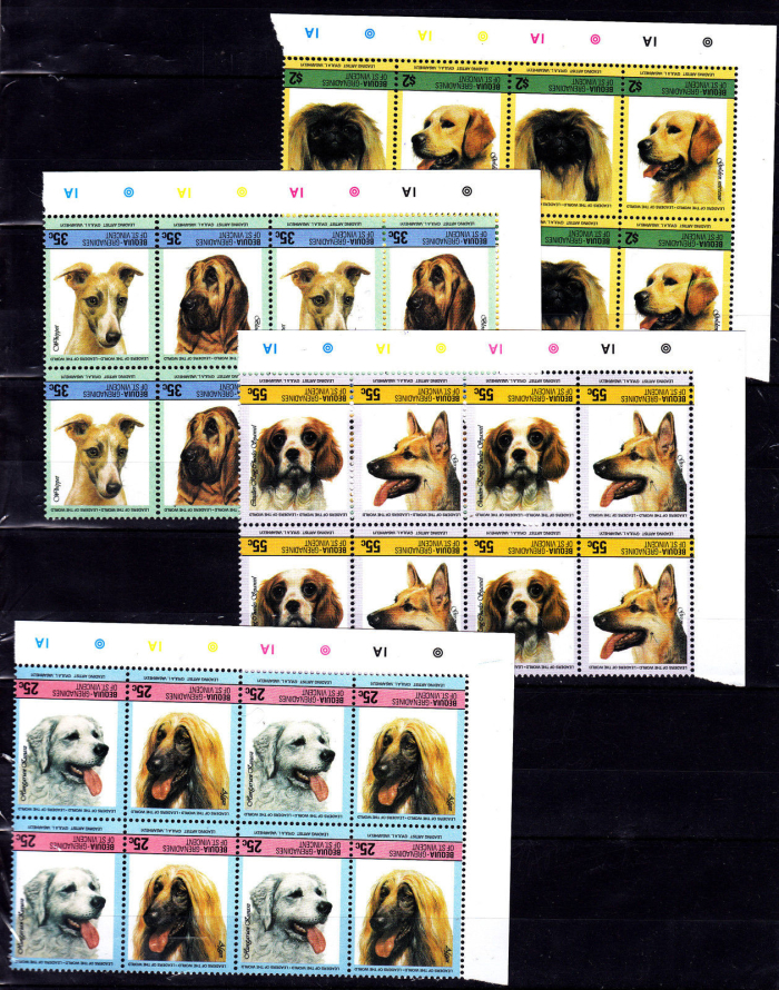 Bequia 1985 Leaders of the World Dogs Fake Inverted Frame Error Corner Blocks