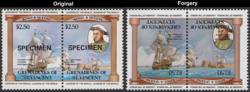 Saint Vincent Grenadines 1983 British Monarchs Fake with Original $2.50 Henry VIII Mary Rose Stamp Comparison