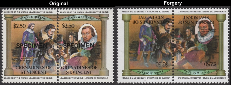 Saint Vincent Grenadines 1983 British Monarchs Fake with Original $2.50 James I Gunpowder Plot Stamp Comparison