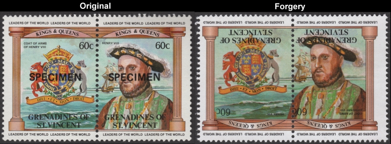 Saint Vincent Grenadines 1983 British Monarchs Fake with Original 60c Henry VIII Coat of Arms Stamp Comparison