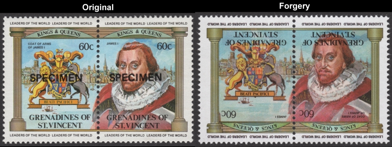Saint Vincent Grenadines 1983 British Monarchs Fake with Original 60c James I Coat of Arms Stamp Comparison