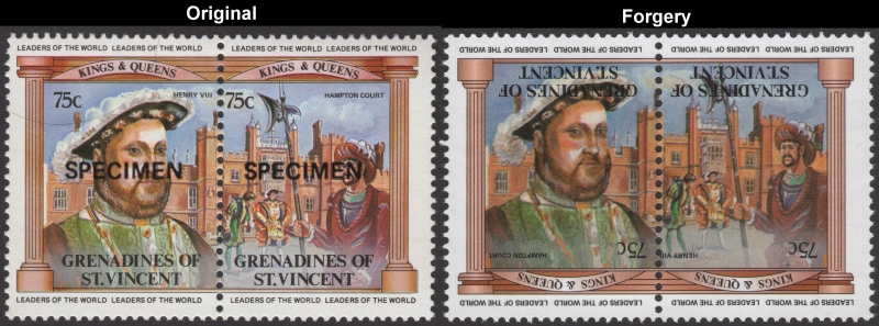 Saint Vincent Grenadines 1983 British Monarchs Fake with Original 75c Henry VIII Hampton Court Stamp Comparison