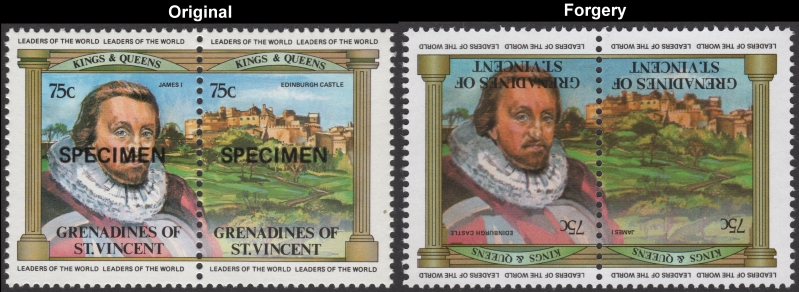 Saint Vincent Grenadines 1983 British Monarchs Fake with Original 75c James I Edinburgh Castle Stamp Comparison
