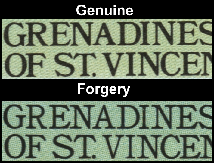 Saint Vincent Grenadines 1985 Leaders of the World Queen Elizabeth 85th Birthday 40c Fake with Original Comparison of the Fonts