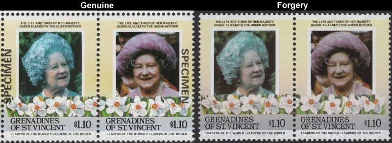 Saint Vincent Grenadines 1985 Leaders of the World Queen Elizabeth 85th Birthday $1.10 Forgery Stamp Pair with Genuine Stamp Pair Comparison