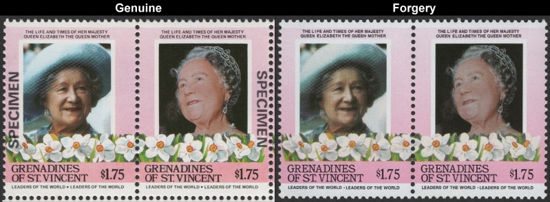 Saint Vincent Grenadines 1985 Leaders of the World Queen Elizabeth 85th Birthday $1.75 Forgery Stamp Pair with Genuine Stamp Pair Comparison