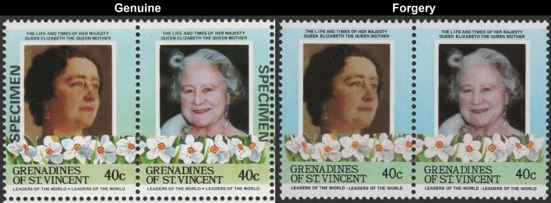 Saint Vincent Grenadines 1985 Leaders of the World Queen Elizabeth 85th Birthday 40c Forgery Stamp Pair with Genuine Stamp Pair Comparison