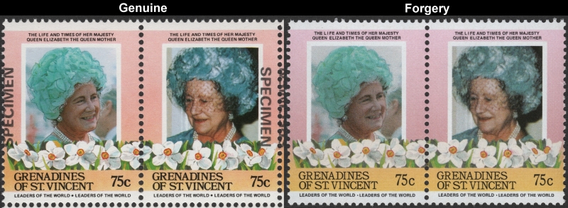 Saint Vincent Grenadines 1985 Leaders of the World Queen Elizabeth 85th Birthday 75c Forgery Stamp Pair with Genuine Stamp Pair Comparison