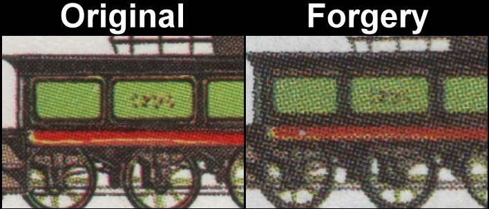 Saint Vincent Grenadines 1987 Locomotives 10c Fake with Original Comparison of the Coal Car on the Detail Drawing