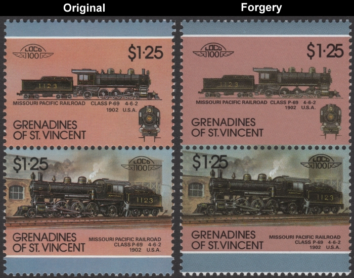 Saint Vincent Grenadines 1987 Locomotives Class P-69 Fake with Original $1.25 Stamp Comparison