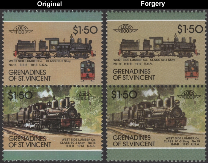 Saint Vincent Grenadines 1987 Locomotives Class 60-3 No. 15 Shay Fake with Original $1.50 Stamp Comparison