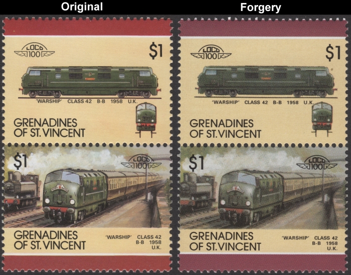 Saint Vincent Grenadines 1987 Locomotives Class 42 Warship Fake with Original $1 Stamp Comparison
