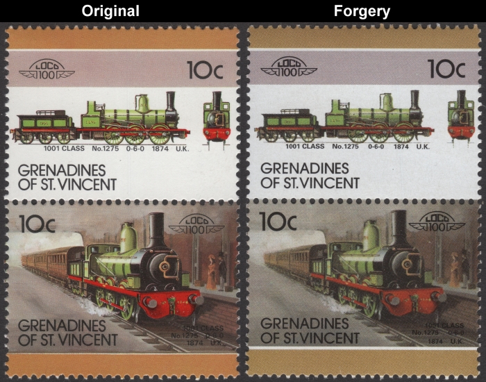 Saint Vincent Grenadines 1987 Locomotives Class 1001 No. 1275 Fake with Original 10c Stamp Comparison