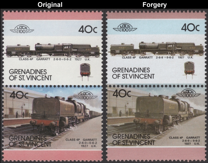 Saint Vincent Grenadines 1987 Locomotives Class 4P Fake with Original 40c Stamp Comparison