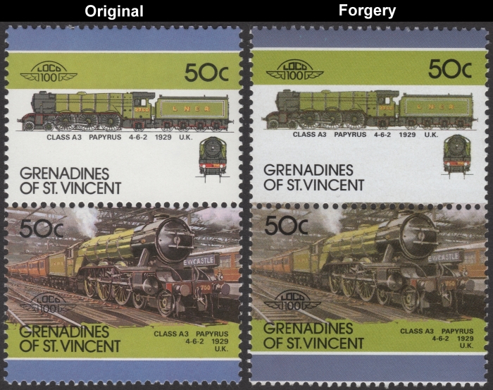 Saint Vincent Grenadines 1987 Locomotives Class A3 Papyrus Fake with Original 50c Stamp Comparison