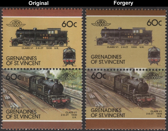 Saint Vincent Grenadines 1987 Locomotives Class V1 Fake with Original 60c Stamp Comparison
