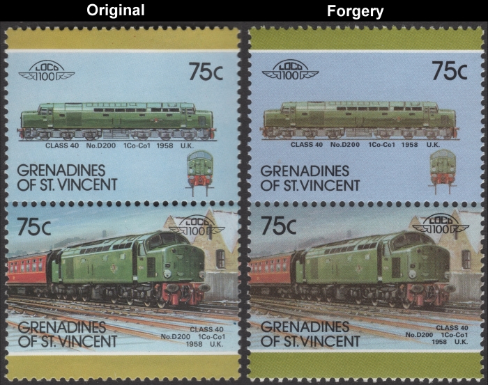 Saint Vincent Grenadines 1987 Locomotives Class 40 No. D200 Fake with Original 75c Stamp Comparison