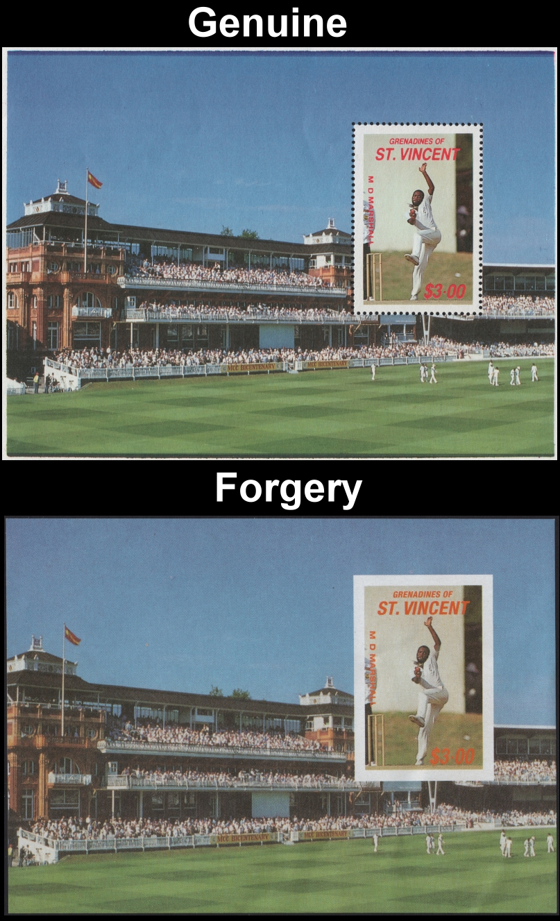 Saint Vincent Grenadines 1988 Cricket Players Forgery with Genuine Souvenir Sheet Comparison