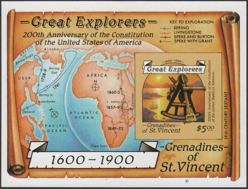 Saint Vincent Grenadines 1988 Great Explorers Imperforate Stamp Souvenir Sheet Forgery