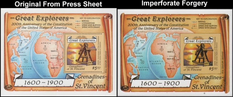 Saint Vincent Grenadines 1988 Great Explorers Fake with Original Souvenir Sheet Comparison