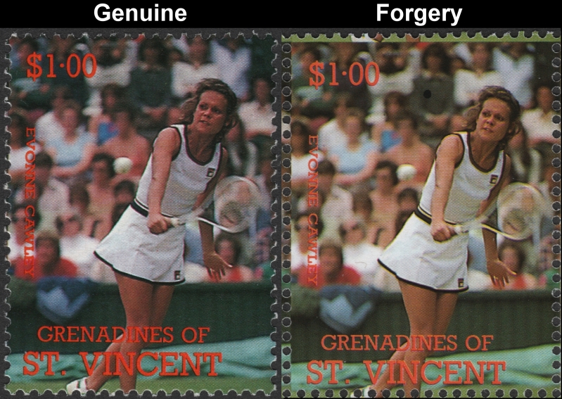 Saint Vincent Grenadines 1988 Tennis Players $1.00 Evonne Cawley Stamp Forgery with Genuine $1.00 Stamp Comparison