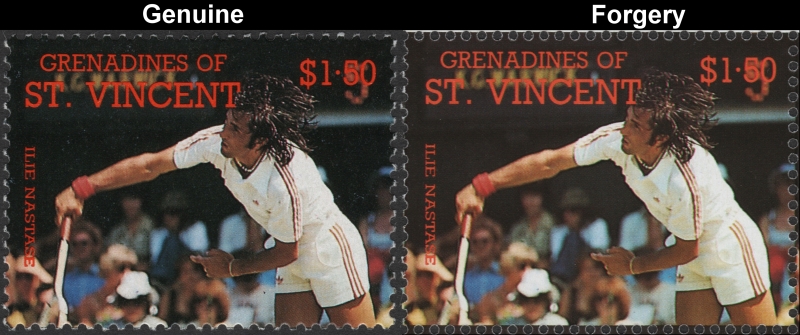 Saint Vincent Grenadines 1988 Tennis Players $1.50 Ilie Nastase Stamp Forgery with Genuine $1.50 Stamp Comparison