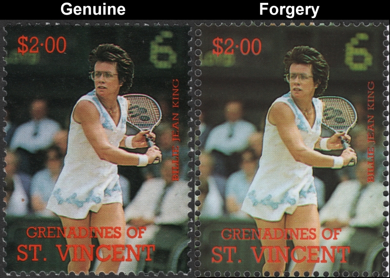 Saint Vincent Grenadines 1988 Tennis Players $2.00 Billie Jean King Stamp Forgery with Genuine $2.00 Stamp Comparison