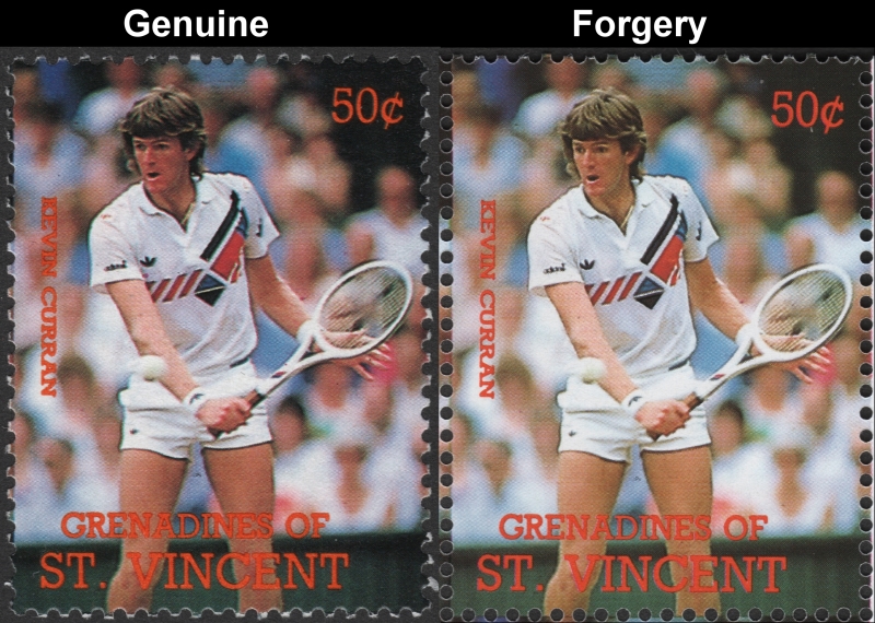 Saint Vincent Grenadines 1988 Tennis Players 50c Kevin Curran Stamp Forgery with Genuine 50c Stamp Comparison