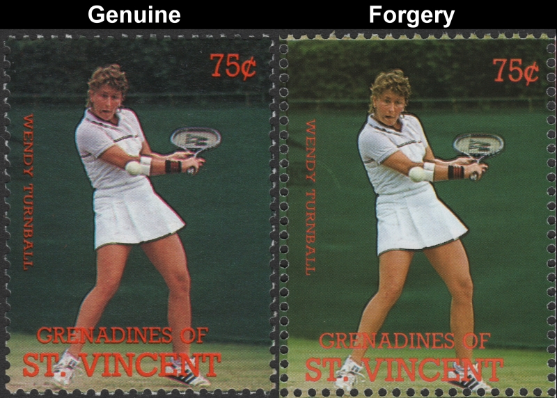 Saint Vincent Grenadines 1988 Tennis Players 75c Wendy Turnball Stamp Forgery with Genuine 75c Stamp Comparison