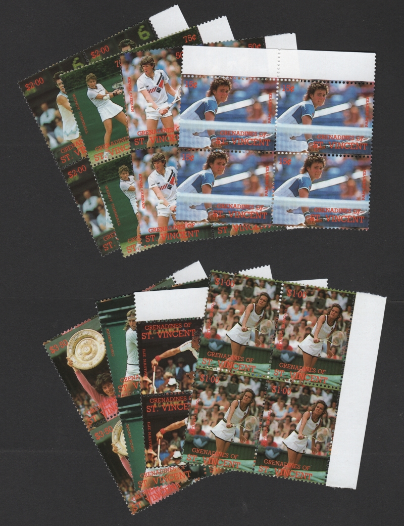 Saint Vincent Grenadines 1988 Wimbleton Tennis Players Stamp Forgery Set in Blocks Sold by balticamber2011 on eBay