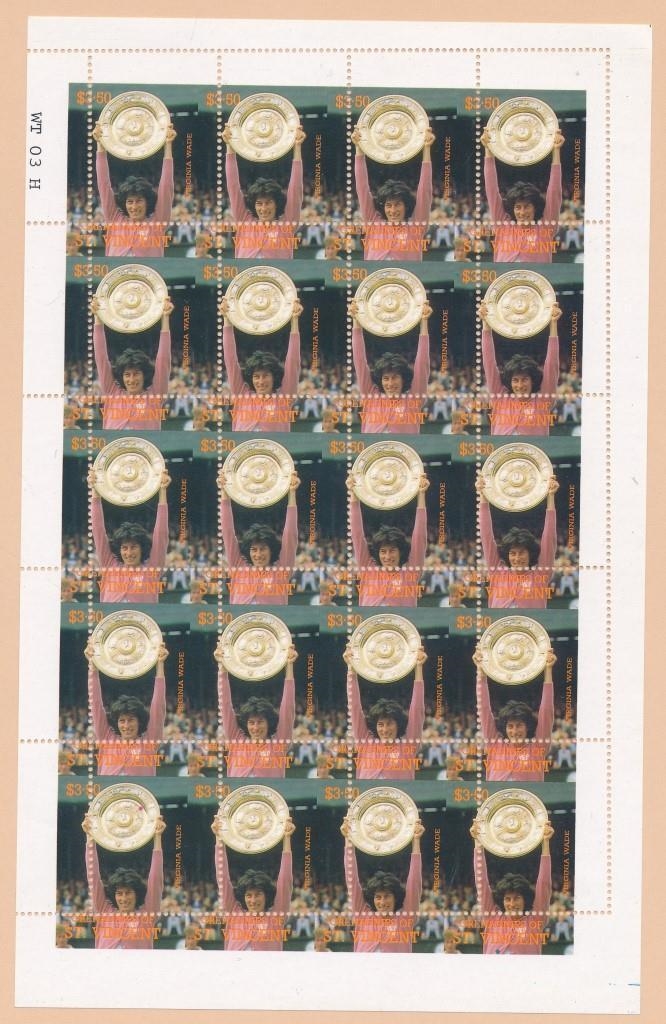 Saint Vincent Grenadines 1988 Wimbleton Tennis Players Stamp Forgery Pane of the $3.50 Value with Error of Misperforation