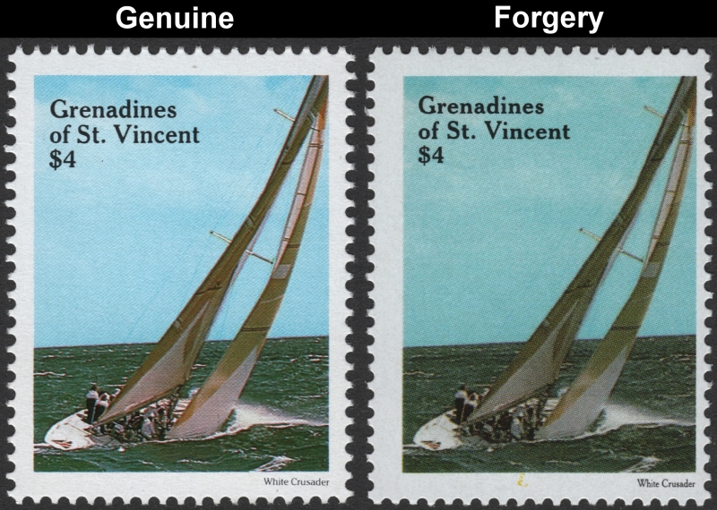 Saint Vincent Grenadines 1988 America's Cup $4 White Crusader Sailing Racing Yacht Forgery Stamp with Genuine Stamp Comparison