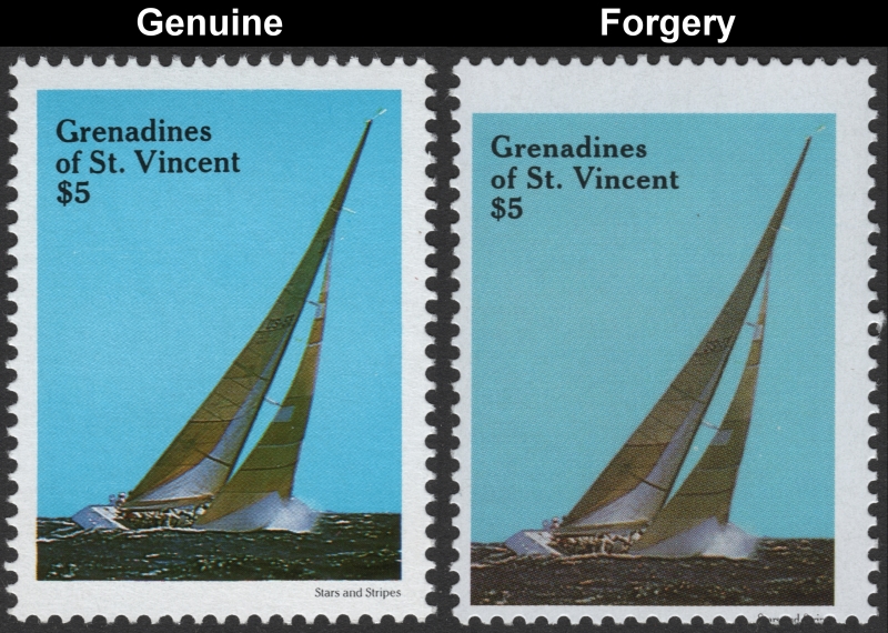 Saint Vincent Grenadines 1988 America's Cup $2 Italia Sailing Racing Yacht Forgery Stamp with Genuine Stamp Comparison