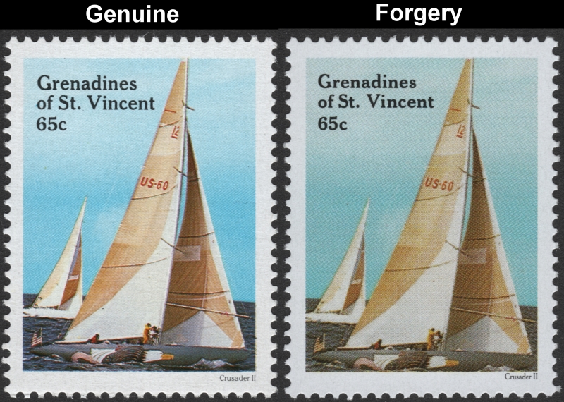 Saint Vincent Grenadines 1988 America's Cup 65c Crusader II Sailing Racing Yacht Forgery Stamp with Genuine Stamp Comparison