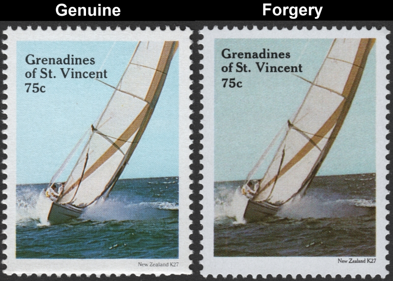 Saint Vincent Grenadines 1988 America's Cup 75c New Zealand K27 Sailing Racing Yacht Forgery Stamp with Genuine Stamp Comparison