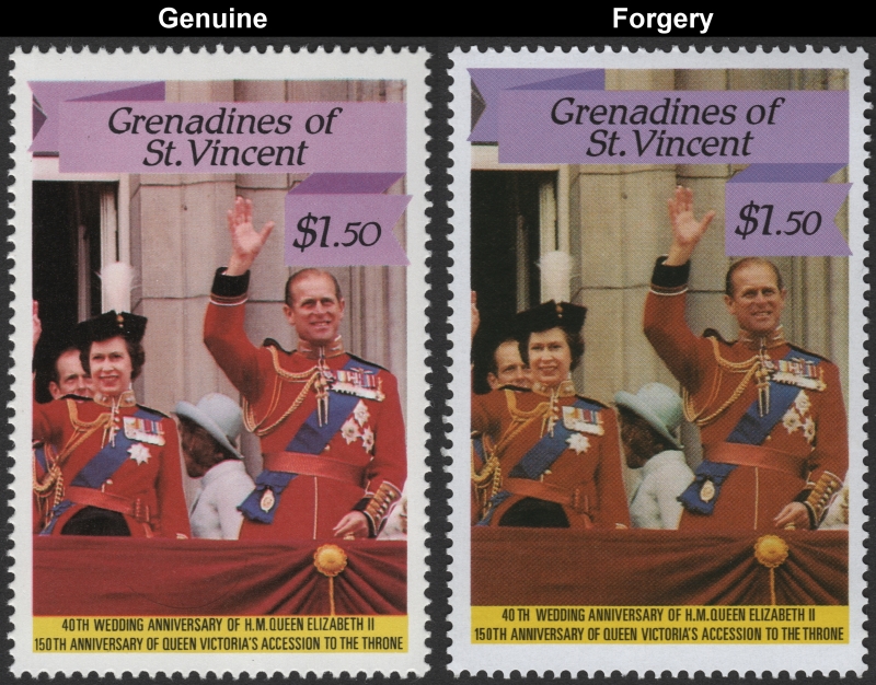 Saint Vincent Grenadines 1987 Queen Elizabeth 40th Wedding Anniversary $1.50 Forgery Stamp with Genuine Stamp Comparison